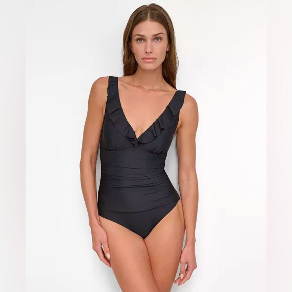 DKNY
Ruffle Plunge Underwire Tummy Control One-Piece Swimsuit, black, Sz 4 & 6
